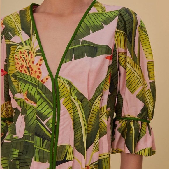 Sold Farm Rio Pink banana leavess v neck mini dress XS - Picture 3 of 7